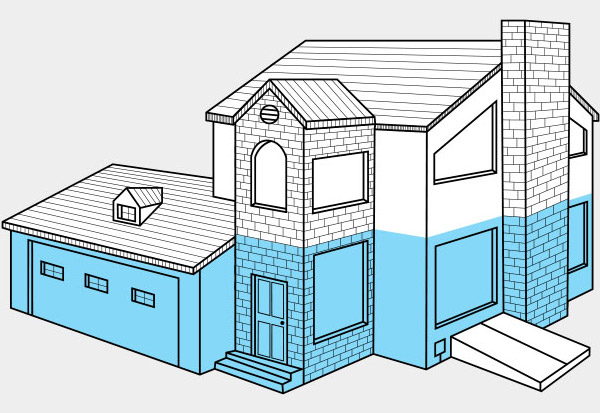 Diagram of a home with the highlighted area displaying where Catseye's Lower Cat-Guard Exclusion System protects